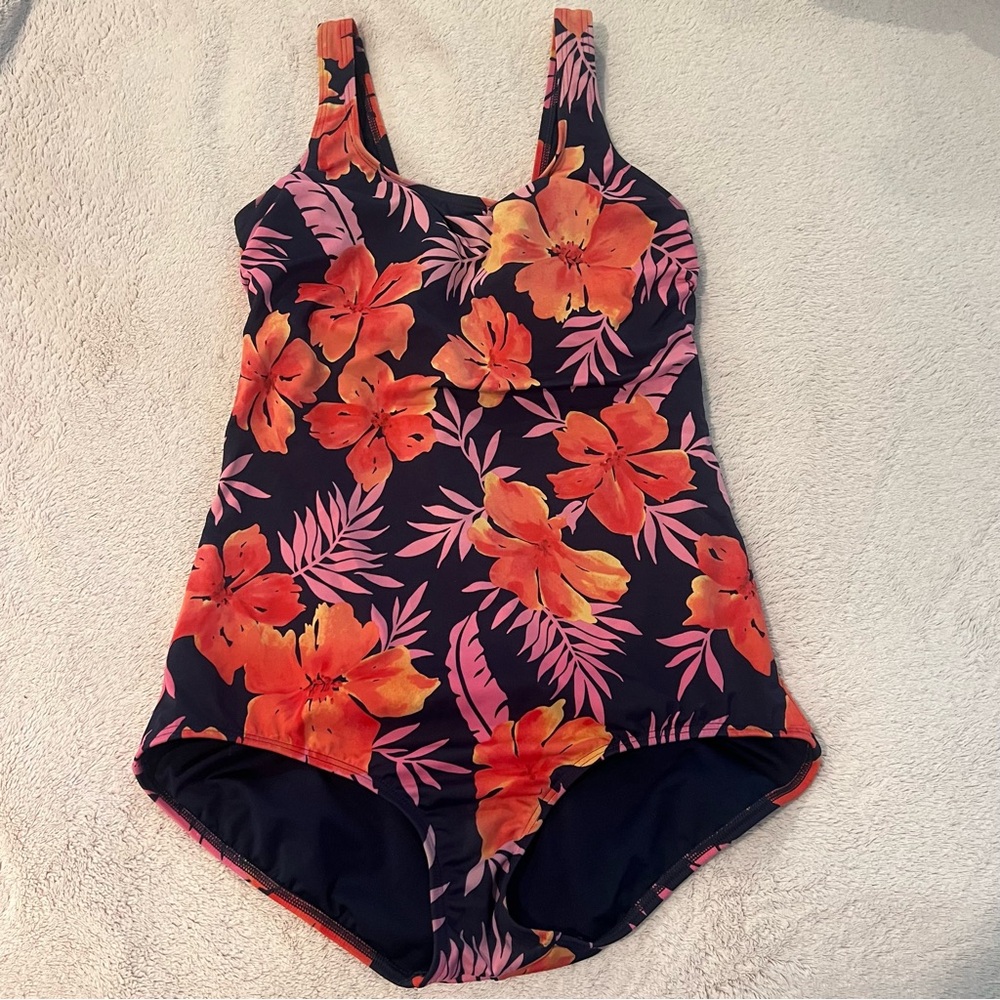 Lands' End Ladies One Piece Swimsuit Size 12 Orange Pink Floral